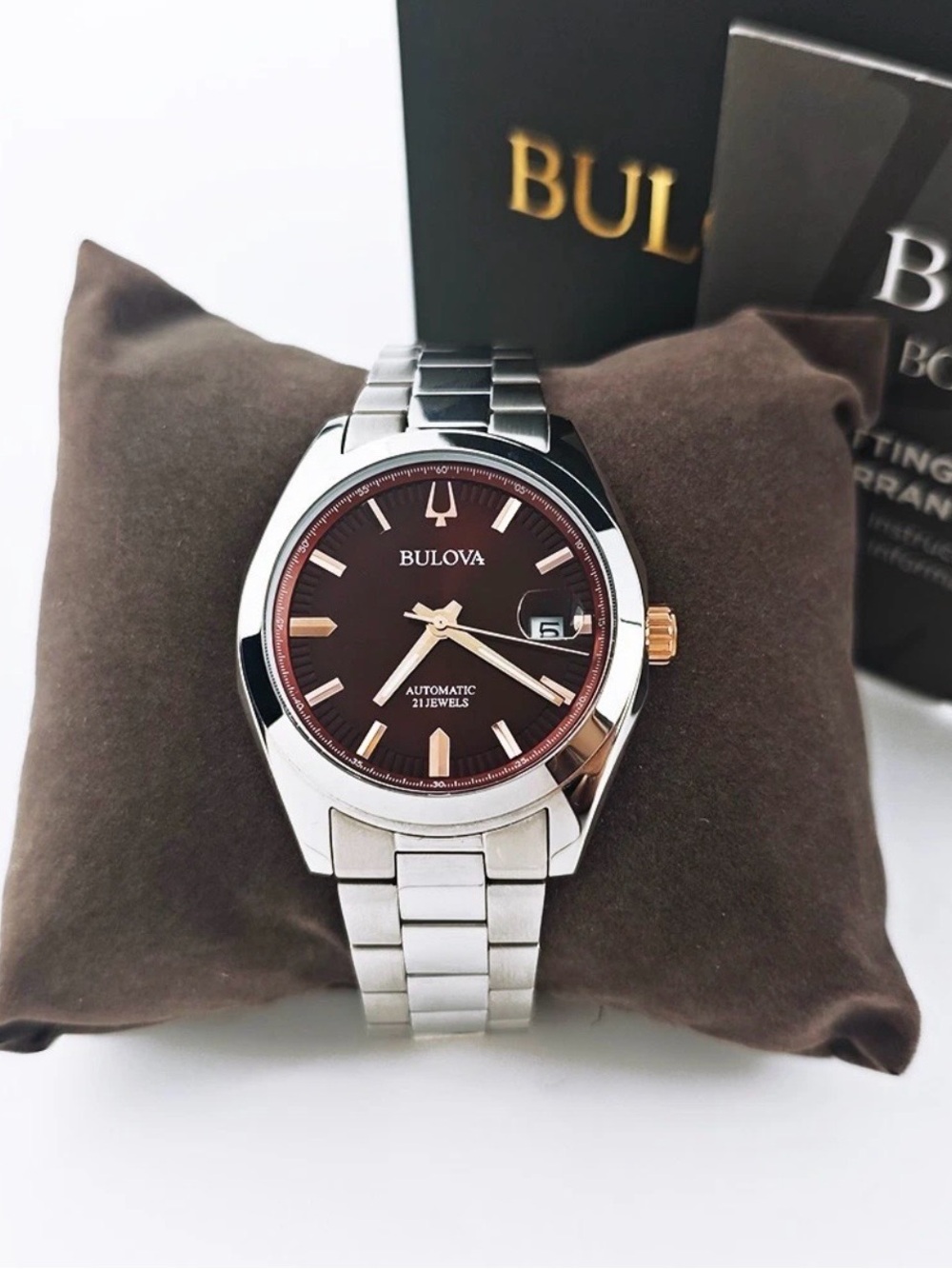 Bulova 98b422 Men's Silver Bracelet Watch with Brown Dial and Rose-Gold Accents